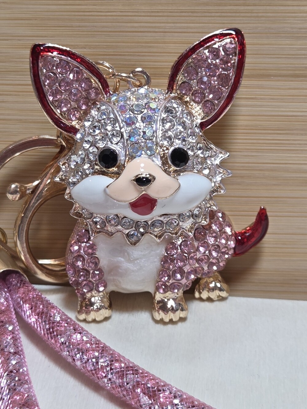 Boutique Crystal Rhinestone Puppy Dog Wristlet Keychain or Bag Charm